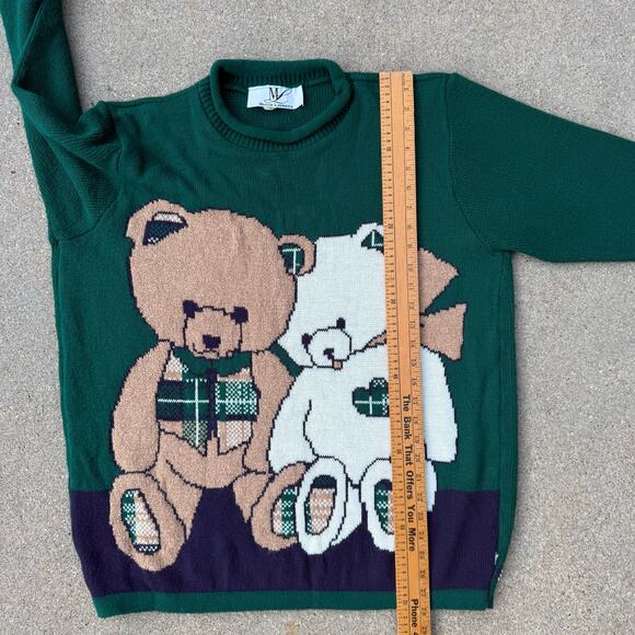 Vintage 80s 90s Maggie Lawrence Teddy Bear Sweater Green Plaid Crewneck XL? - Picture 9 of 10